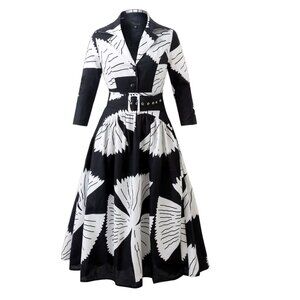 Gazelle Fashion Afro Centric Inspired Black & White Print Belted Midi Dress